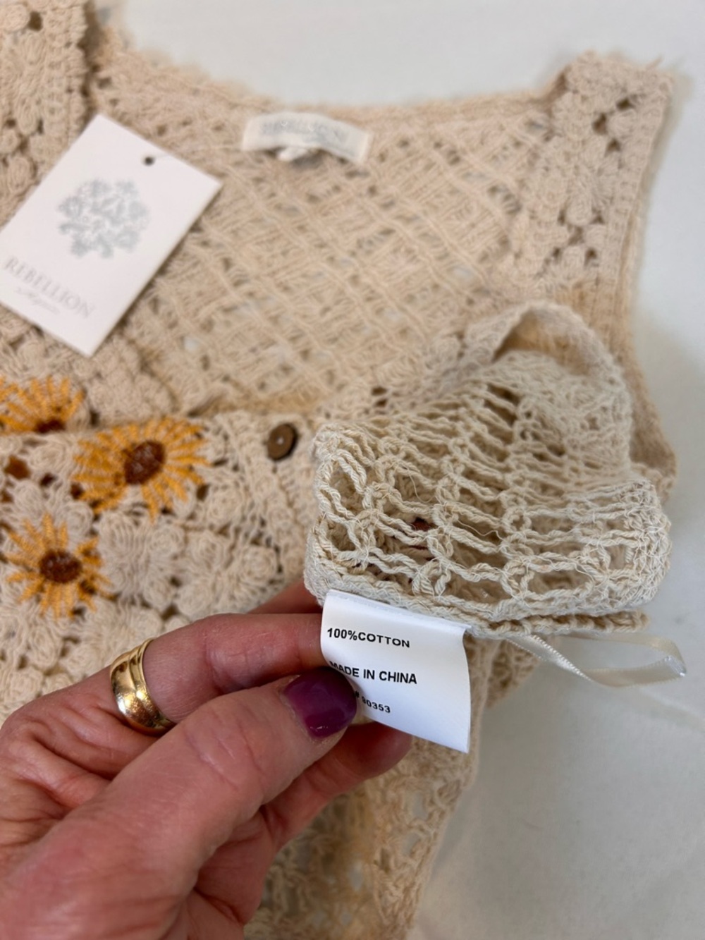 Rebellion Again Crochet Ivory Sunflower Open Stitch Vest Cropped Women’s Large - Picture 5 of 5